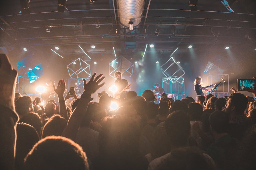 Lively concert scene with crowd, stage lights, and performing musicians at an indoor venue.